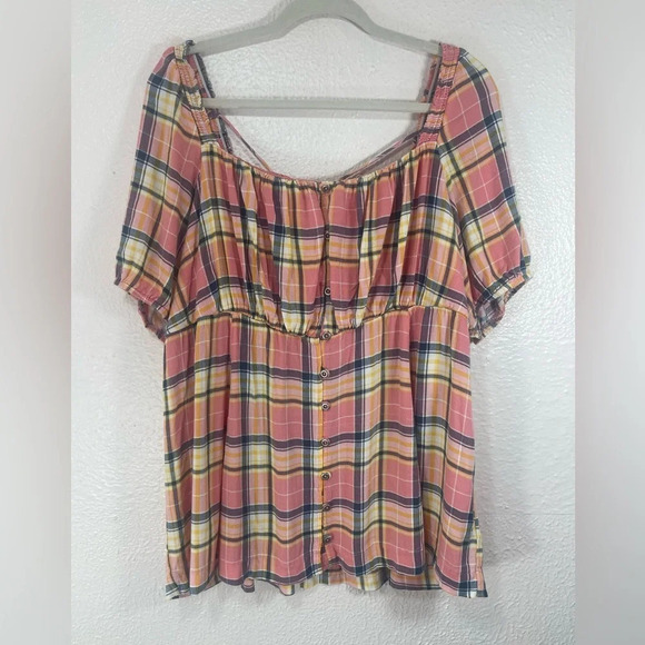 torrid Tops - Torrid Plaid Button Down Front Square Neck Babydoll Blouse Women’s US 2X